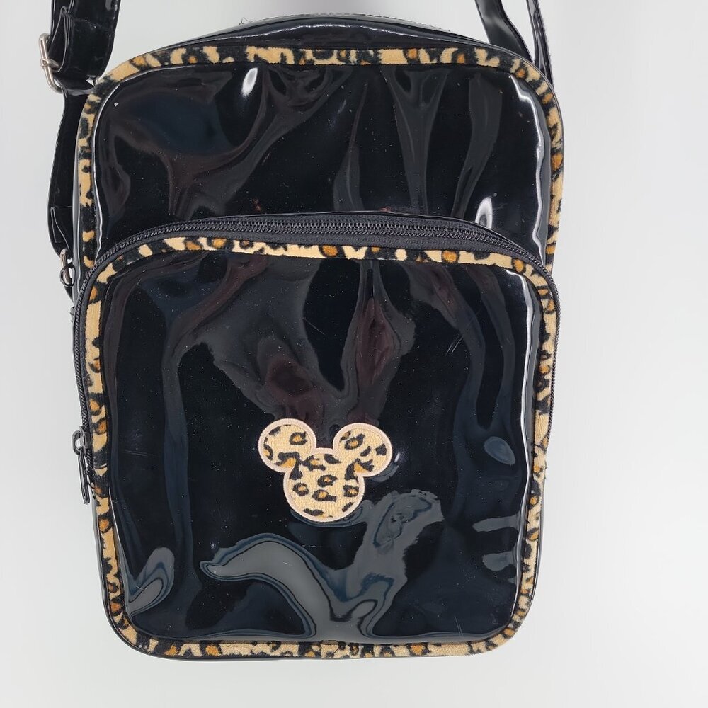 Disney Animal Kingdom Black Crossbody Bag | Leopard Trim Mickey | Zippered - Picture 2 of 11